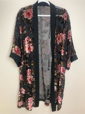 Velvet Floral Semi Sheer Black Pink Kimono Robe